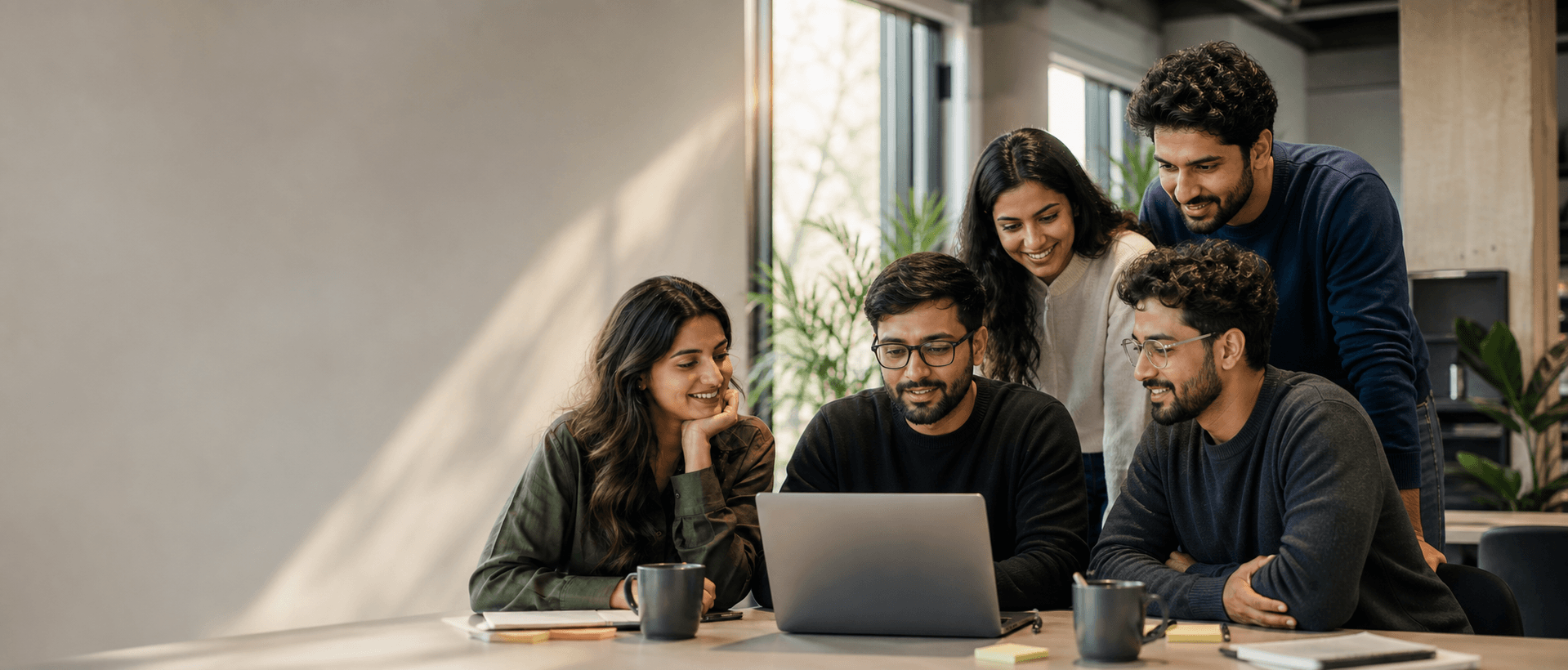 MelcorSoft engineers and teammates collaborating around a laptop in a bright workspace