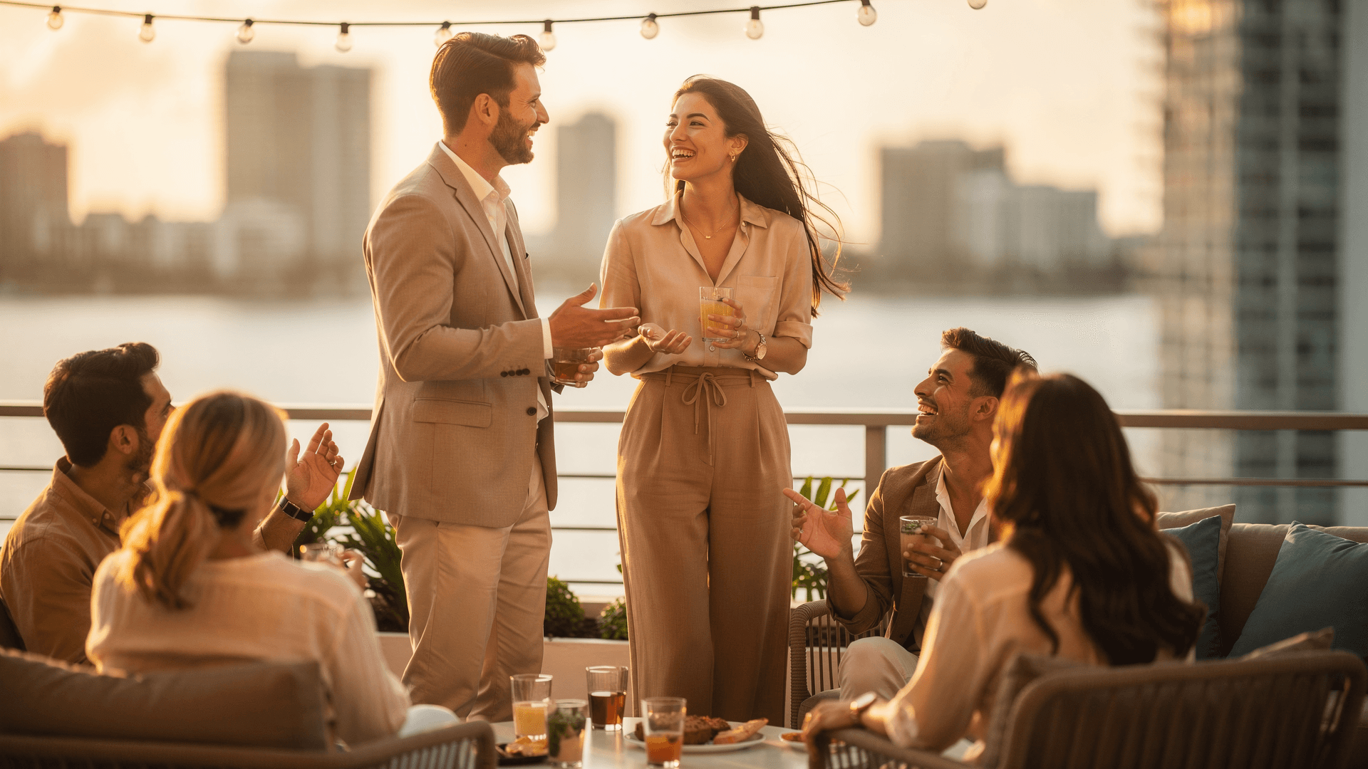Colleagues talking on a rooftop terrace at sunset