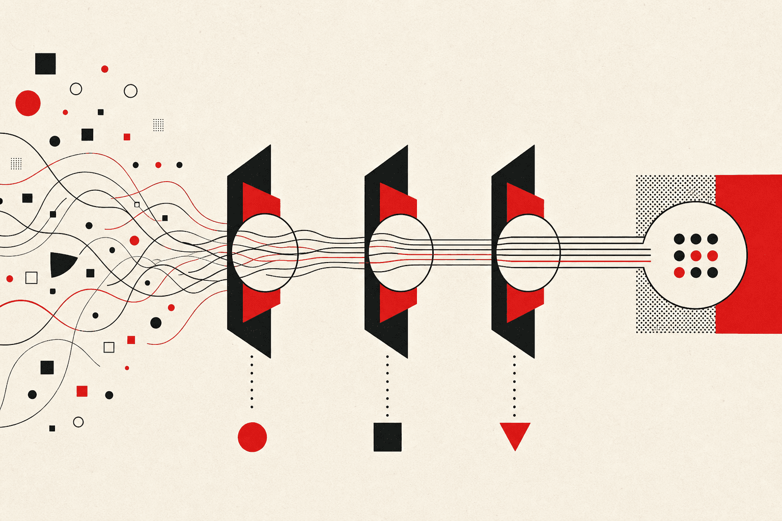 Abstract illustration of AI work moving through deliberate quality checkpoints