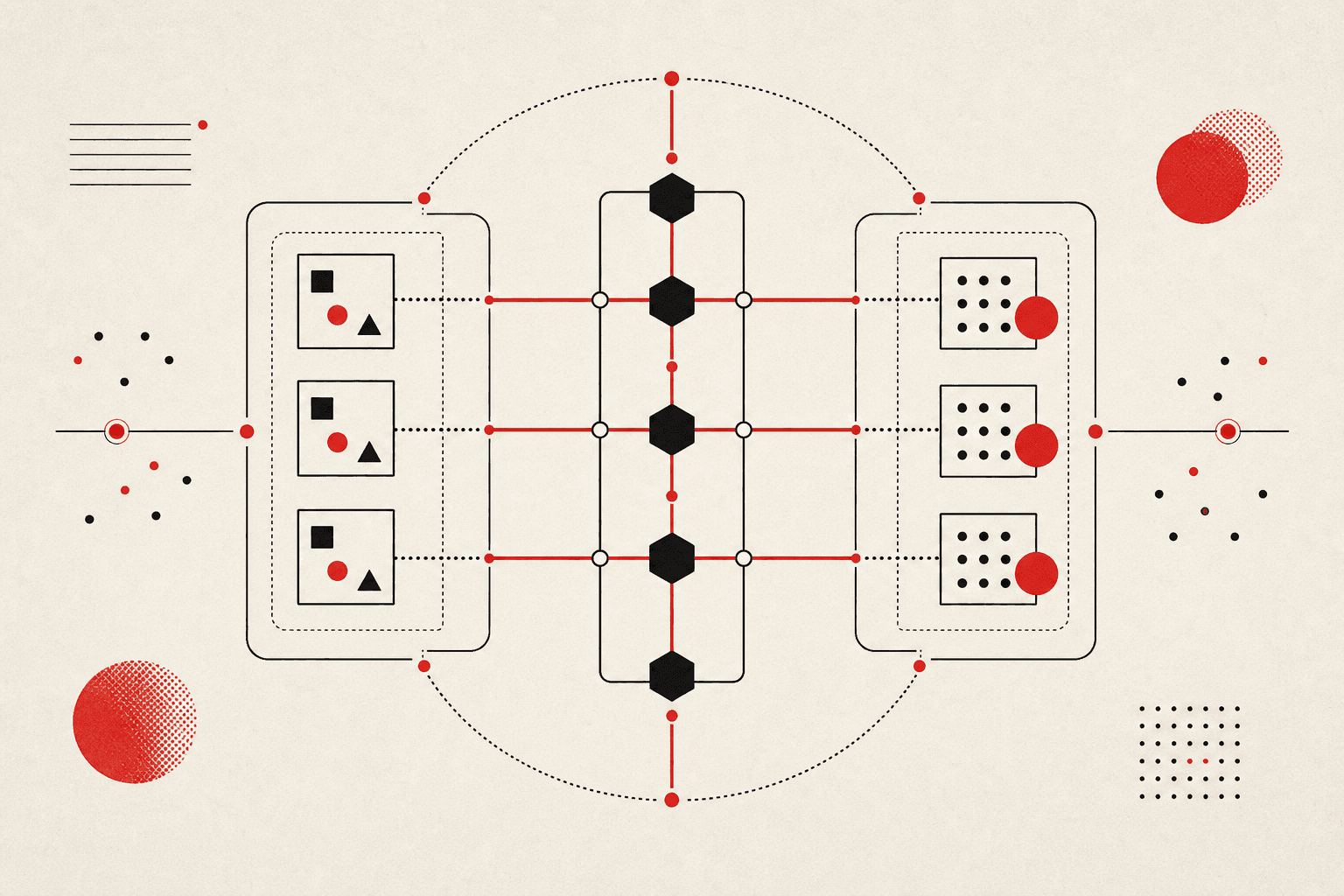 Abstract illustration of system boundaries and observable signals around a central backbone
