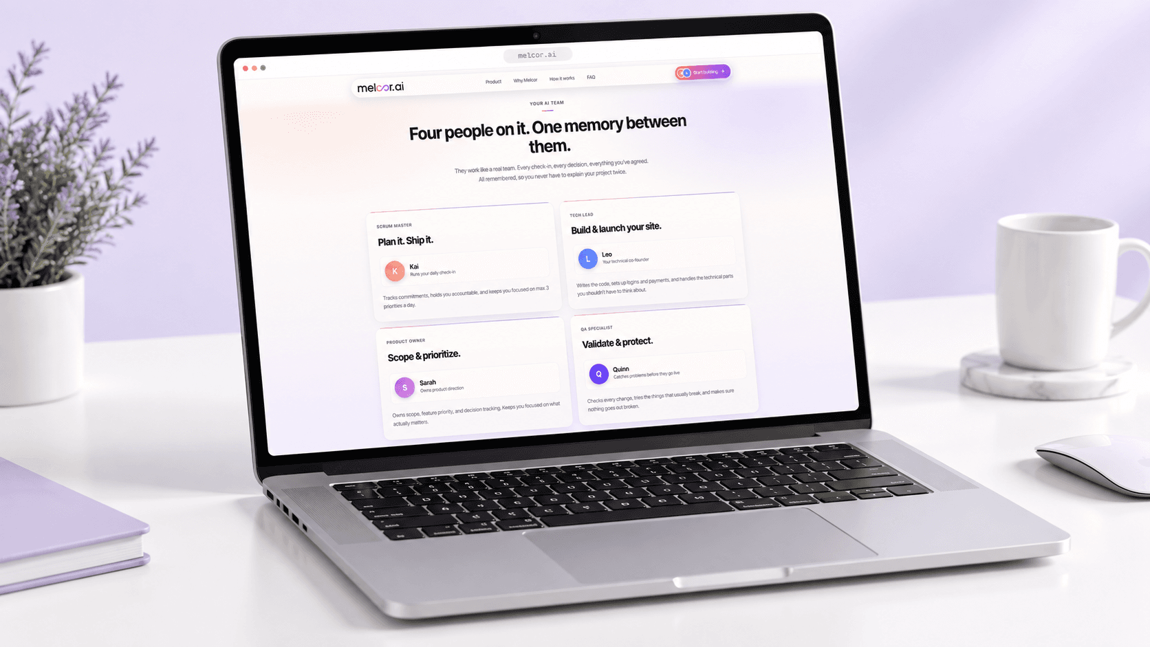Melcor AI role cards for Kai the scrum master, Leo the tech lead, Sarah the product owner, and Quinn the QA specialist, shown in a browser window