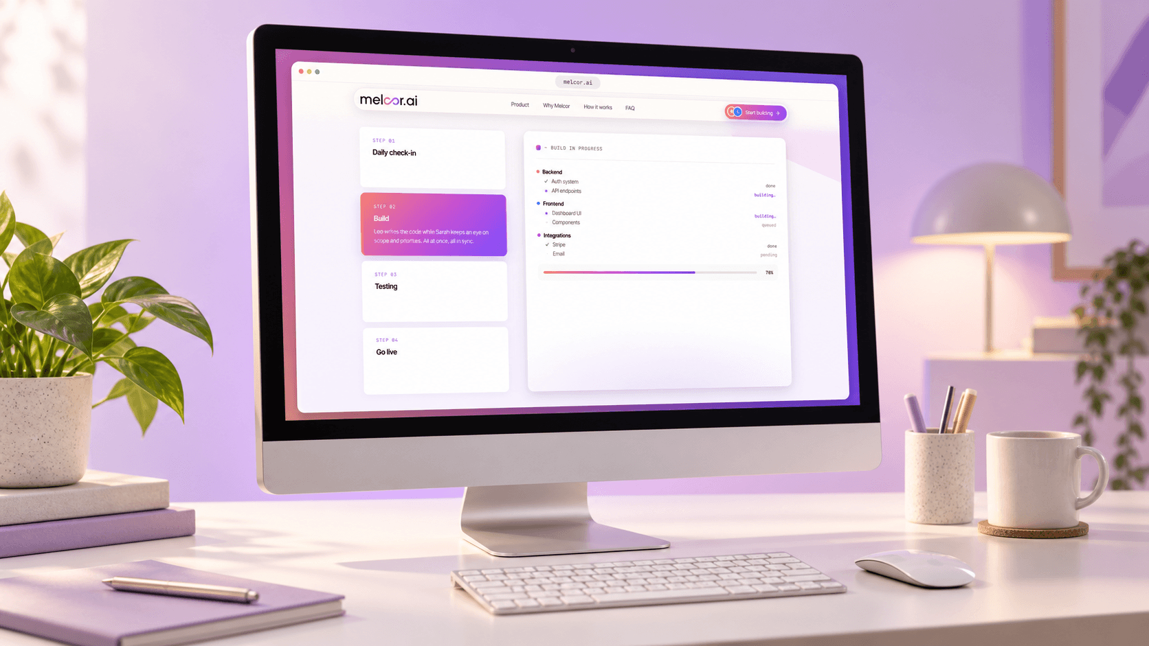 The Melcor AI build step showing backend, frontend, and integration progress rows in a browser window