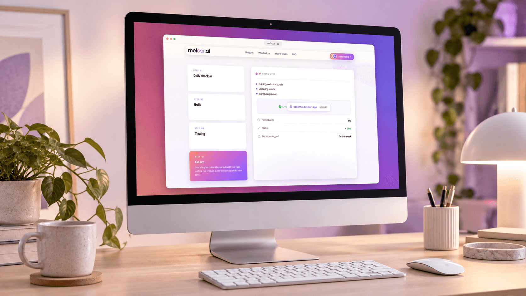 The Melcor AI go-live step showing production bundle, asset upload, and domain configuration rows, with a sample address badged as a mockup