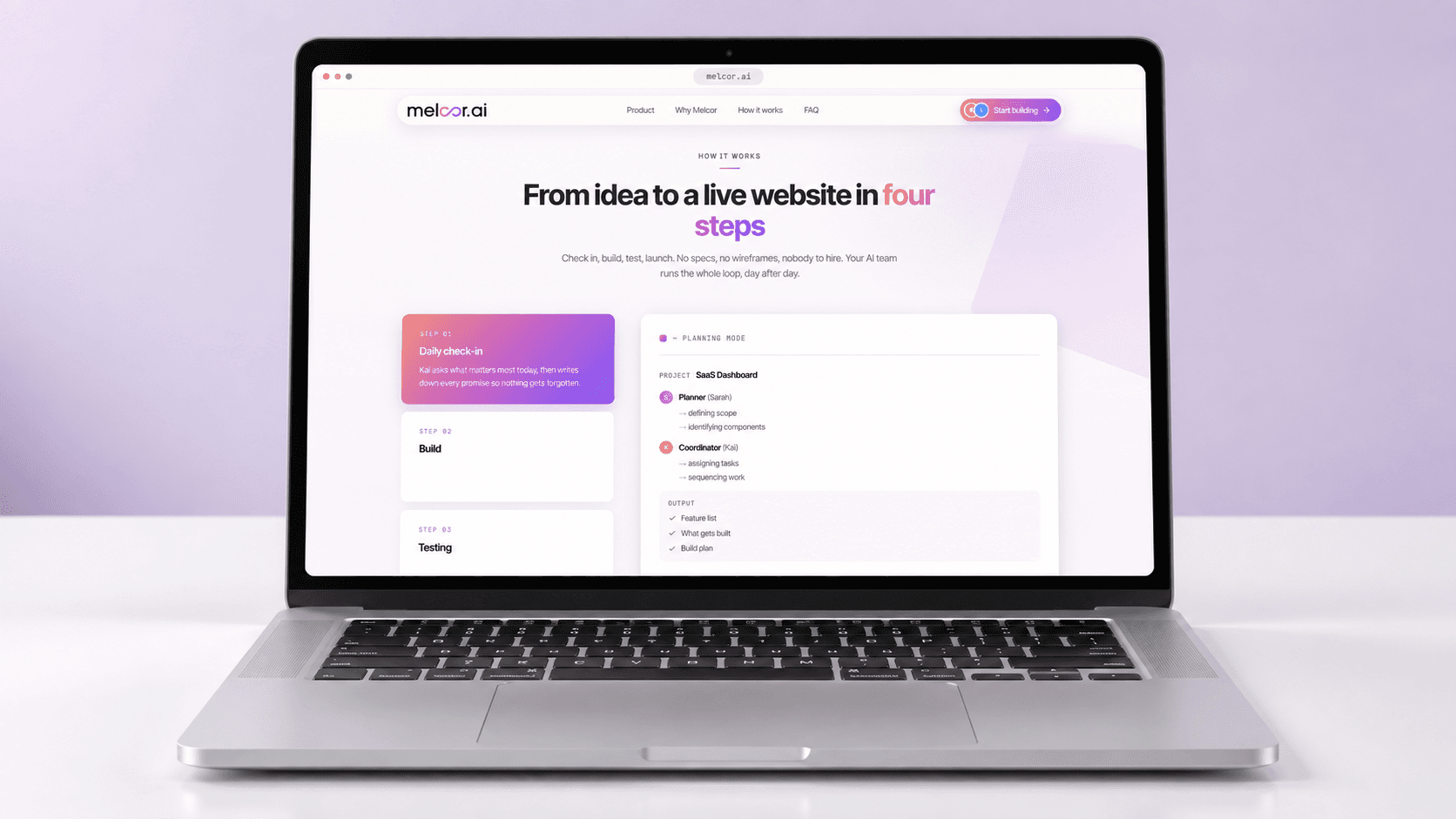 The Melcor AI how it works screen in a laptop, showing four steps, daily check-in, build, testing, and go live, next to a planning mode panel