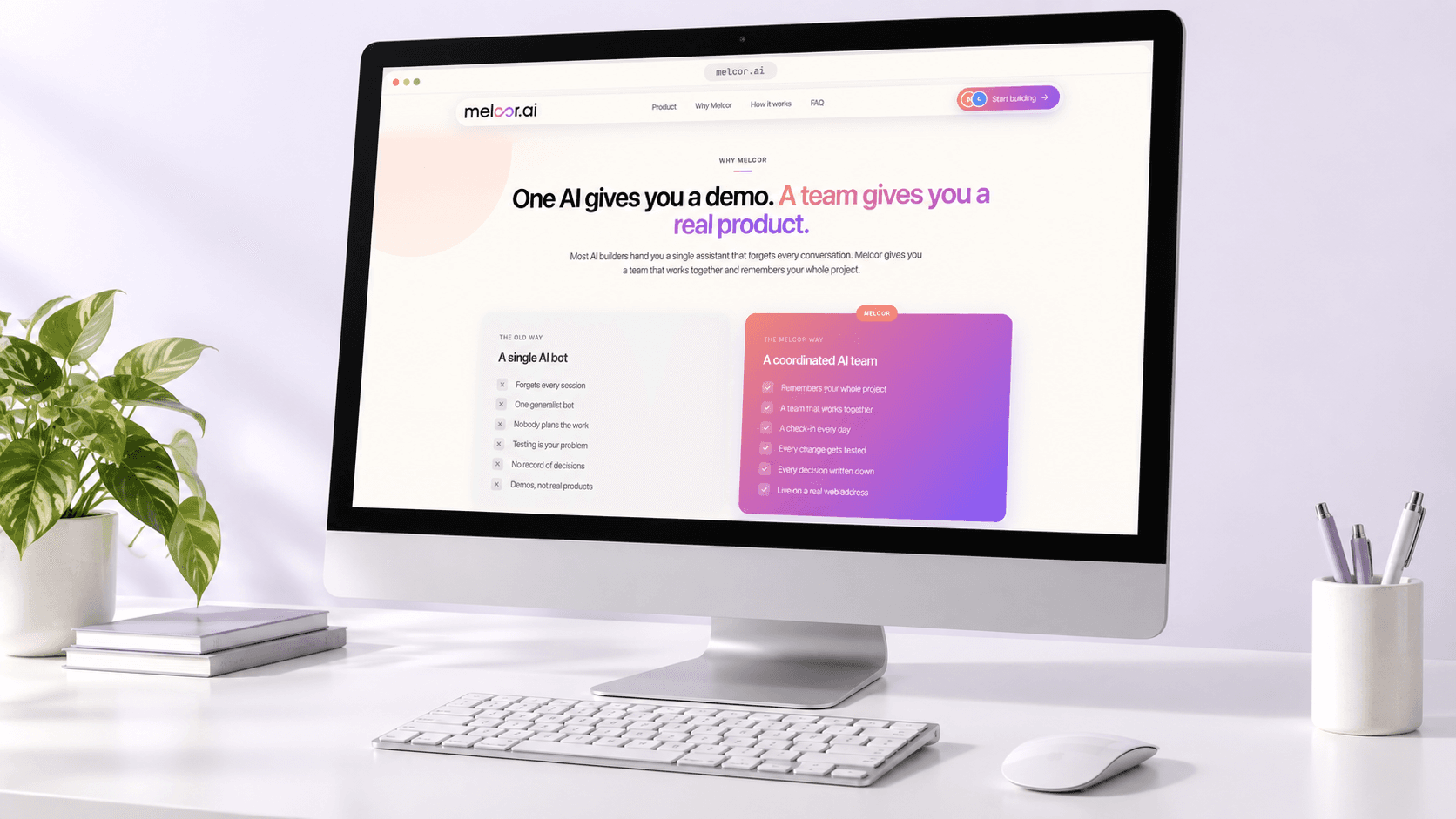 A two column comparison in the Melcor AI interface contrasting the old way of a single AI bot that forgets every session with the Melcor way of a coordinated AI team that remembers the whole project