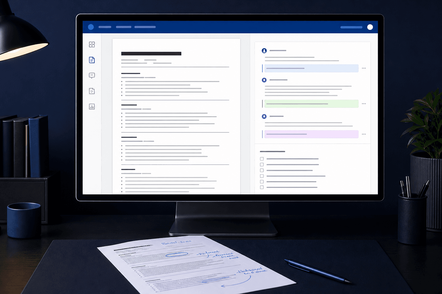 Desktop resume draft review workspace with editorial comments