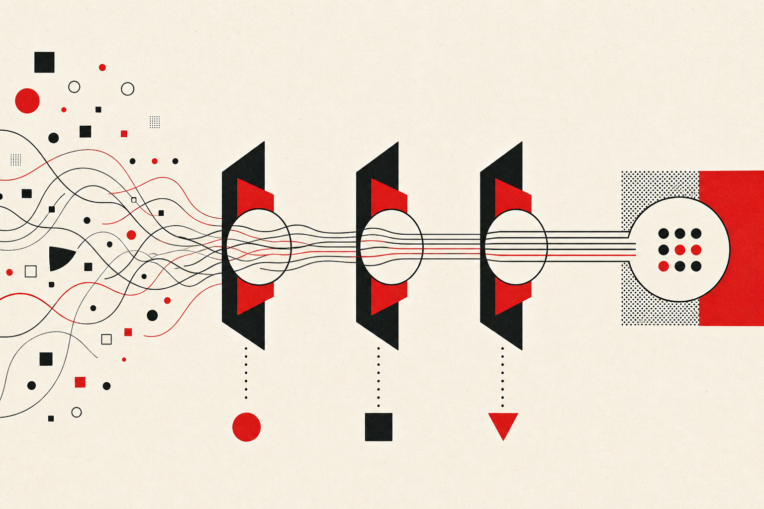 Abstract illustration of AI work moving through deliberate quality checkpoints